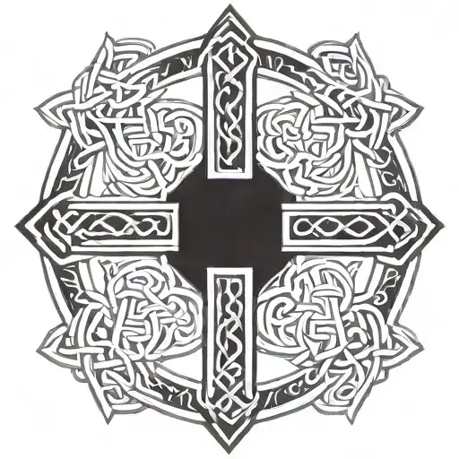 St. Andrew cross fine, straight borders, Celtic woven design within, faded cicular Celtic background  tattoo design idea