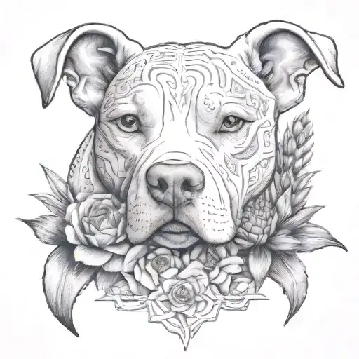 an intricate design featuring a feminine white pitbull, surrounded by blooming cactus and agave, constructive symbolism tattoo design idea