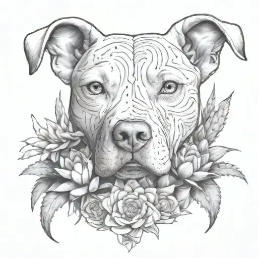 an intricate design featuring a feminine white pitbull, surrounded by blooming cactus and agave, constructive symbolism  tattoo design idea