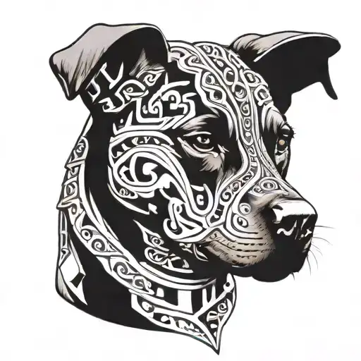 A petite pitbull, Aztec style art, constructive symbolism, no flowers tattoo design idea