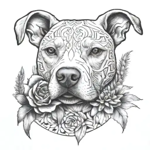 a petite pitbulls face, near by a cactus with a blooming flower and agave, constructive symbolism zapotec tattoo design idea