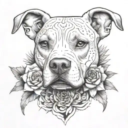 a petite pitbulls face, near by a cactus with a blooming flower and agave, constructive symbolism zapotec tattoo design idea