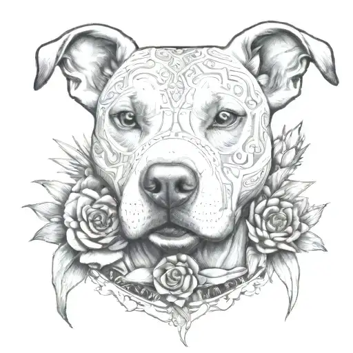 an intricate design featuring a petite pitbull, surrounded by a cactus and agave, constructive symbolism zapotec tattoo design idea
