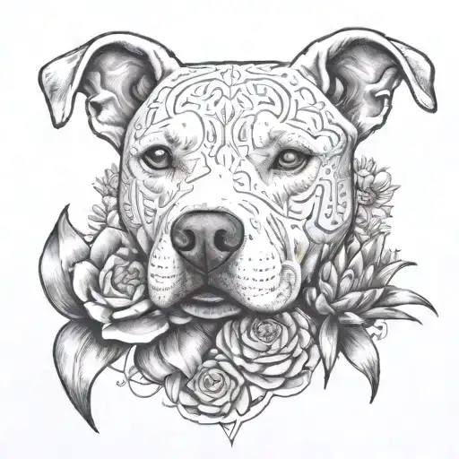 an intricate design featuring a feminine white pitbull, surrounded by blooming cactus and agave in an Arizona landscape tattoo design idea