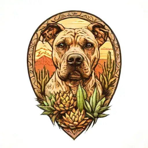 Pitbull with floppy ears, prehispanic style, large agave plant and Cactus with a cactus flower  in a desert landscape tattoo design idea