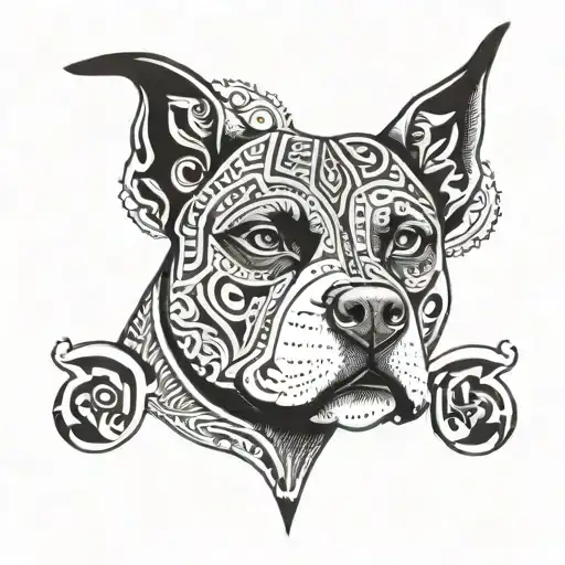 A stylized Aztec-inspired pitbull design incorporating elements of Mexican culture and music tattoo design idea