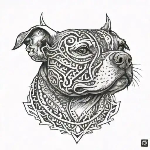 A petite pitbull, zapoteca style art, constructive symbolism tattoo design idea