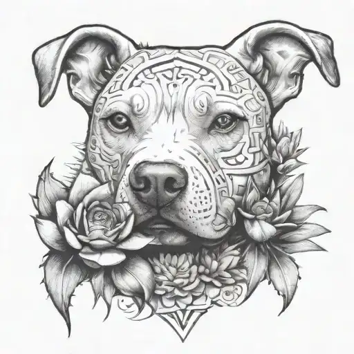 a petite pitbulls face, near by a cactus with a blooming flower and agave, constructive symbolism zapotec tattoo design idea