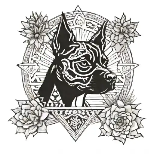 A petite pitbull, Aztec style art, constructive symbolism, desert lanscape with agave and blooming cactus tattoo design idea