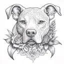 an intricate design featuring a feminine white pitbull, surrounded by blooming cactus and agave, constructive symbolism tattoo design idea