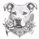 an intricate design featuring a feminine white pitbull, surrounded by blooming cactus and agave, constructive symbolism tattoo design idea