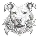 an intricate design featuring a feminine white pitbull, surrounded by blooming cactus and agave, constructive symbolism tattoo design idea