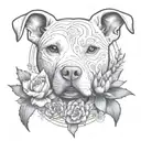 an intricate design featuring a feminine white pitbull, surrounded by blooming cactus and agave, constructive symbolism tattoo design idea
