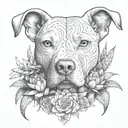 an intricate design featuring a feminine white pitbull, surrounded by blooming cactus and agave, constructive symbolism  tattoo design idea