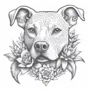 an intricate design featuring a feminine white pitbull, surrounded by blooming cactus and agave, constructive symbolism  tattoo design idea