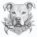 an intricate design featuring a feminine white pitbull, surrounded by blooming cactus and agave, constructive symbolism  tattoo design idea