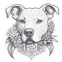 an intricate design featuring a feminine white pitbull, surrounded by blooming cactus and agave, constructive symbolism  tattoo design idea