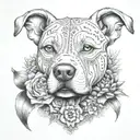 an intricate design featuring a petite pitbull, surrounded by a cactus and agave, constructive symbolism zapotec tattoo design idea