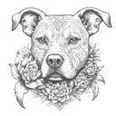 an intricate design featuring a petite pitbull, surrounded by a cactus and agave, constructive symbolism zapotec tattoo design idea