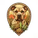 Pitbull with floppy ears, prehispanic style, large agave plant and Cactus with a cactus flower  in a desert landscape tattoo design idea