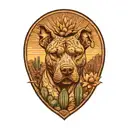 Pitbull with floppy ears, prehispanic style, large agave plant and Cactus with a cactus flower  in a desert landscape tattoo design idea