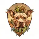 Pitbull with floppy ears, prehispanic style, large agave plant and Cactus with a cactus flower  in a desert landscape tattoo design idea