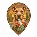 Pitbull with floppy ears, prehispanic style, large agave plant and Cactus with a cactus flower  in a desert landscape tattoo design idea
