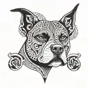A stylized Aztec-inspired pitbull design incorporating elements of Mexican culture and music tattoo design idea
