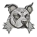 A stylized Aztec-inspired pitbull design incorporating elements of Mexican culture and music tattoo design idea
