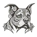 A stylized Aztec-inspired pitbull design incorporating elements of Mexican culture and music tattoo design idea
