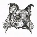 A stylized Aztec-inspired pitbull design incorporating elements of Mexican culture and music tattoo design idea