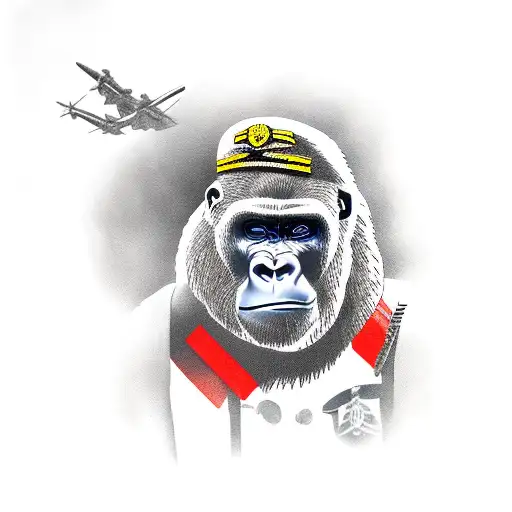 A gorilla in a World War I pilot uniform flies on a red plane, a scarf flutters behind his back tattoo design idea