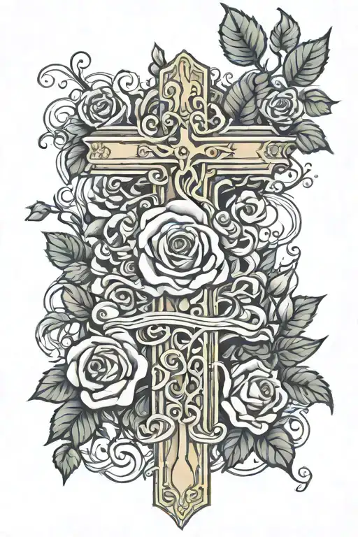 vines, roses blooming to represent the lost of a loved one, god cross, with bible quote that has to do with empathy  tattoo design idea