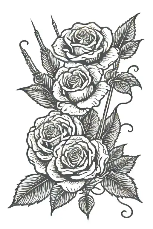 roses and sewing needle and thread tattoo design idea