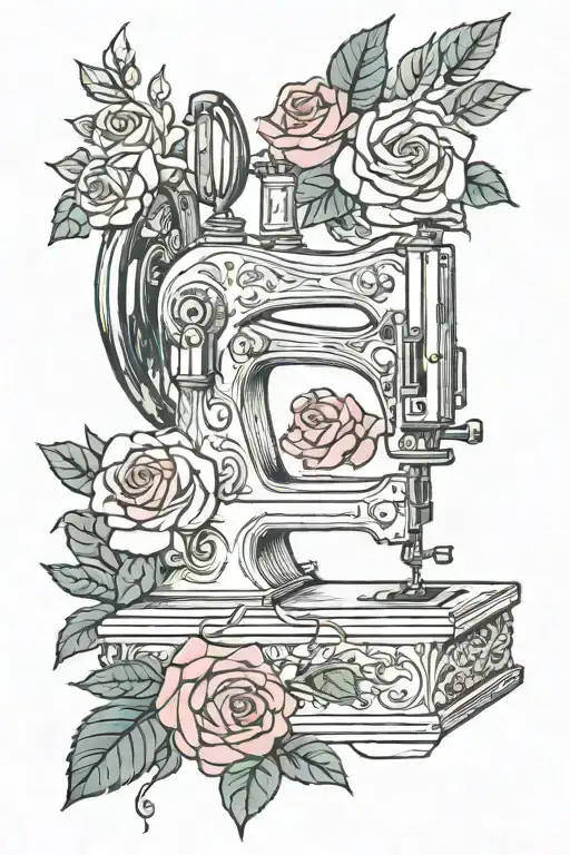 roses and sewing machine and quilts tattoo design idea