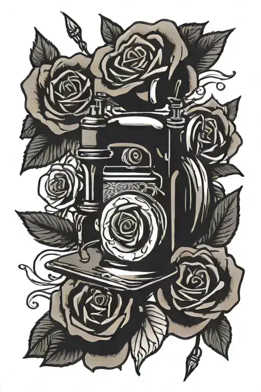 sewing and roses tattoo design idea