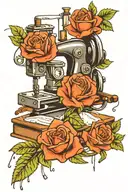 roses and sewing machine and tools tattoo design idea