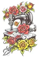 roses and sewing machine and tools tattoo design idea