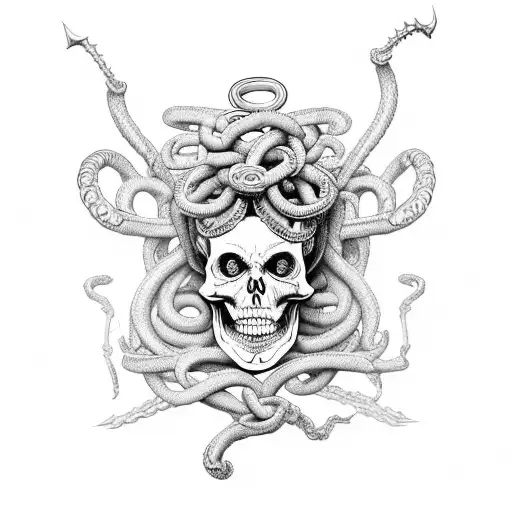 A medusa with skeleton-like features surrounded by shackles tattoo design idea