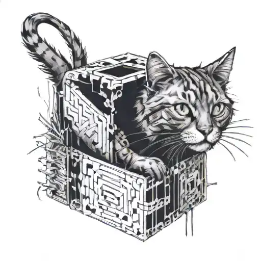 schrödinger cat in a geometry box, however the cat is a kinda a gothic zombie cat which alives but dead at the same time tattoo design idea