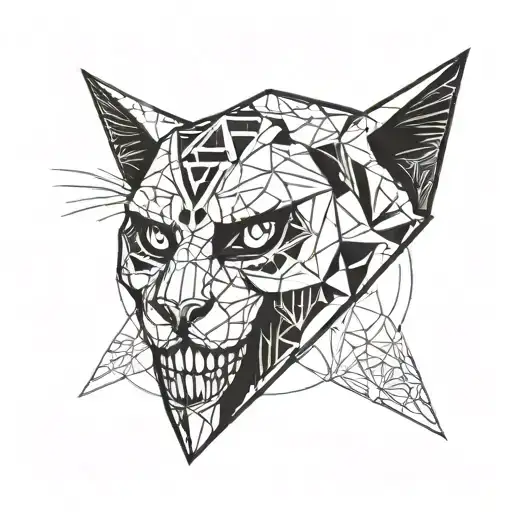 A cat half death showing skulls inside a geometrical box tattoo design idea
