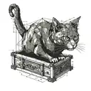 schrödinger cat in a geometry box, however the cat is a kinda a gothic zombie cat which alives but dead at the same time tattoo design idea