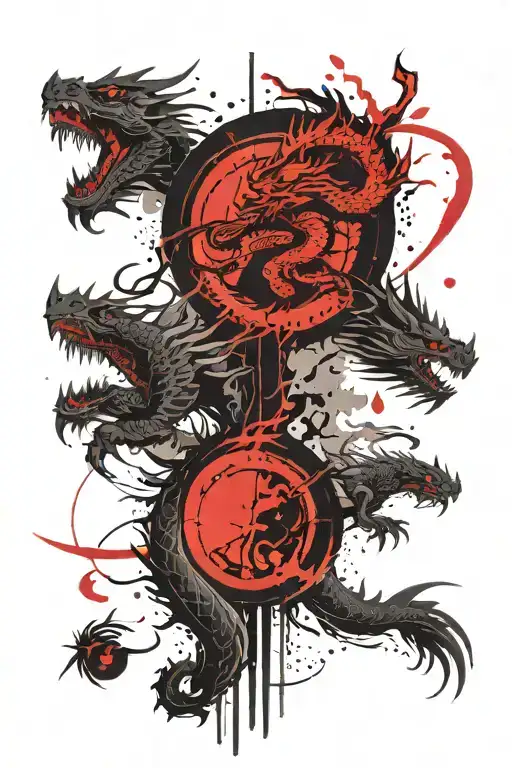 kanji down the spine with two japanese dragons circling the center of the back with their heads looking at each other.  tattoo design idea