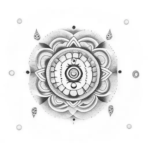 A dotwork tattoo featuring a Damaru at the center, surrounded by Rudraksha beads forming a ring around it. Inside the Damaru, there is an eye symbol, and on either side of the Damaru, there are Trishuls crossing each other. tattoo design idea