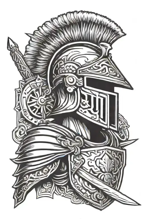 Roman soldier helmet, sword, and shield adorned tattoo design idea