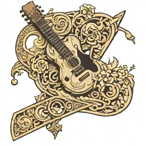 A detailed wood carving design with a hidden guitar and moon motifs throughout tattoo design idea