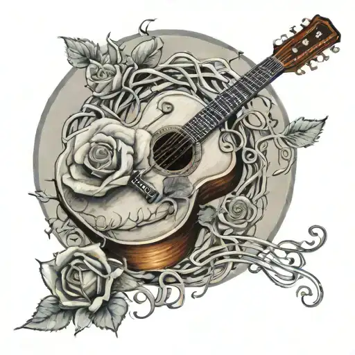 A guitar intertwined with a rose vine, with a full moon in the background tattoo design idea