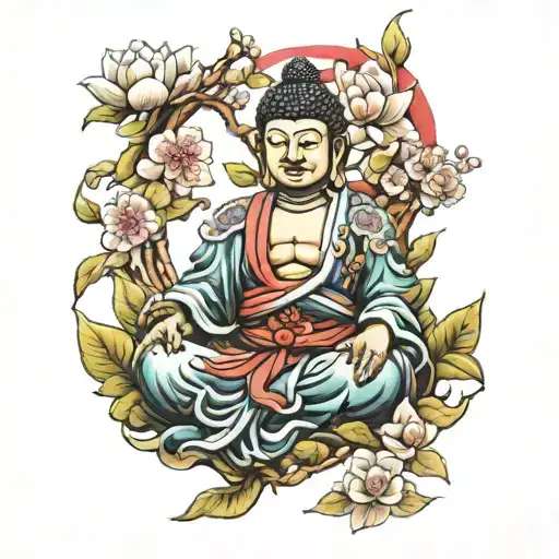japanese flower warrior Buddha  tattoo design idea