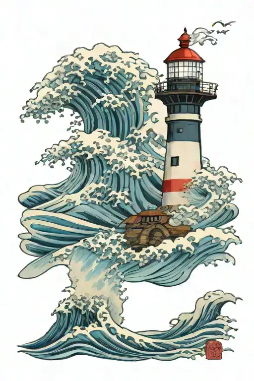 lighthouse standing tall amidst waves crashing tattoo design idea