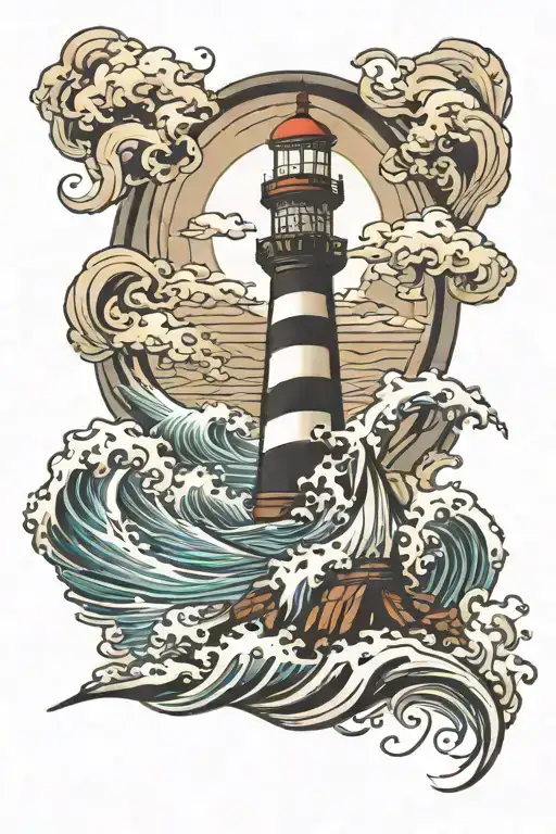 lighthouse standing tall amidst waves tattoo design idea